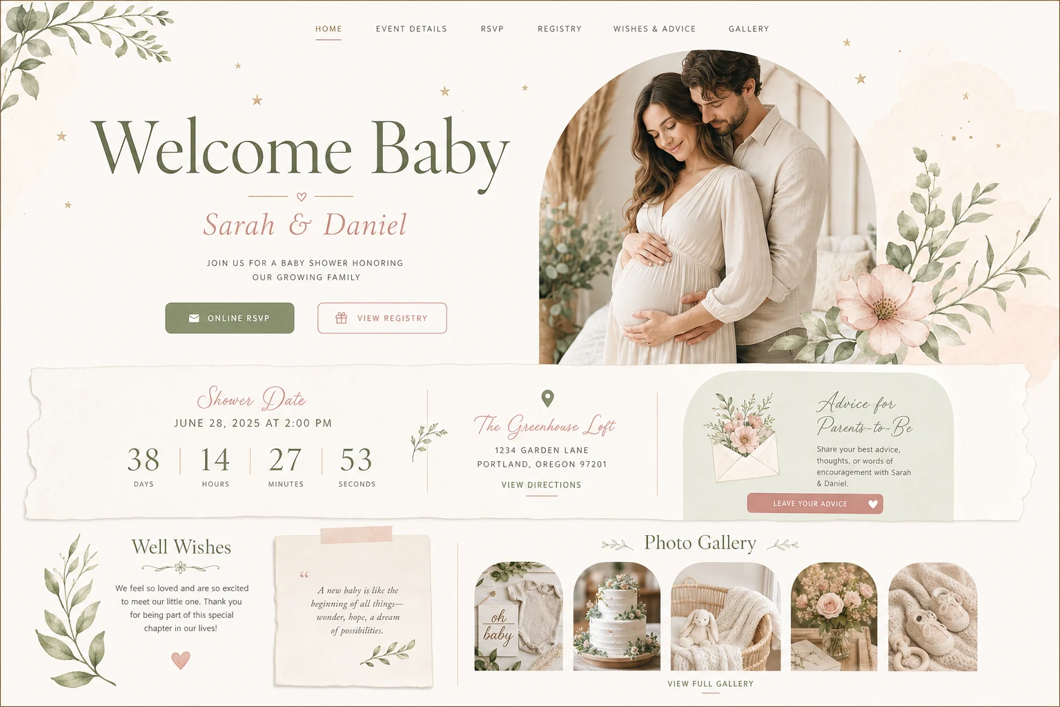 Baby shower website mockup with RSVP, registry, well wishes and gallery