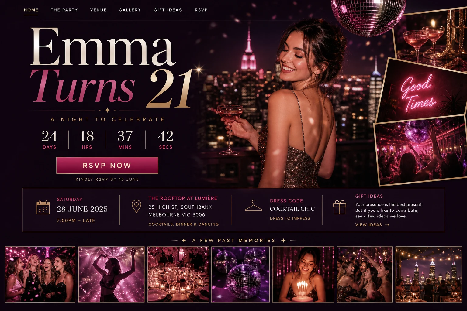 Birthday website mockup with countdown, RSVP, venue, gift ideas and photos