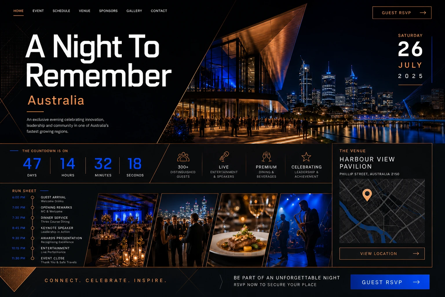 Australian event website mockup with RSVP, schedule, venue map and gallery
