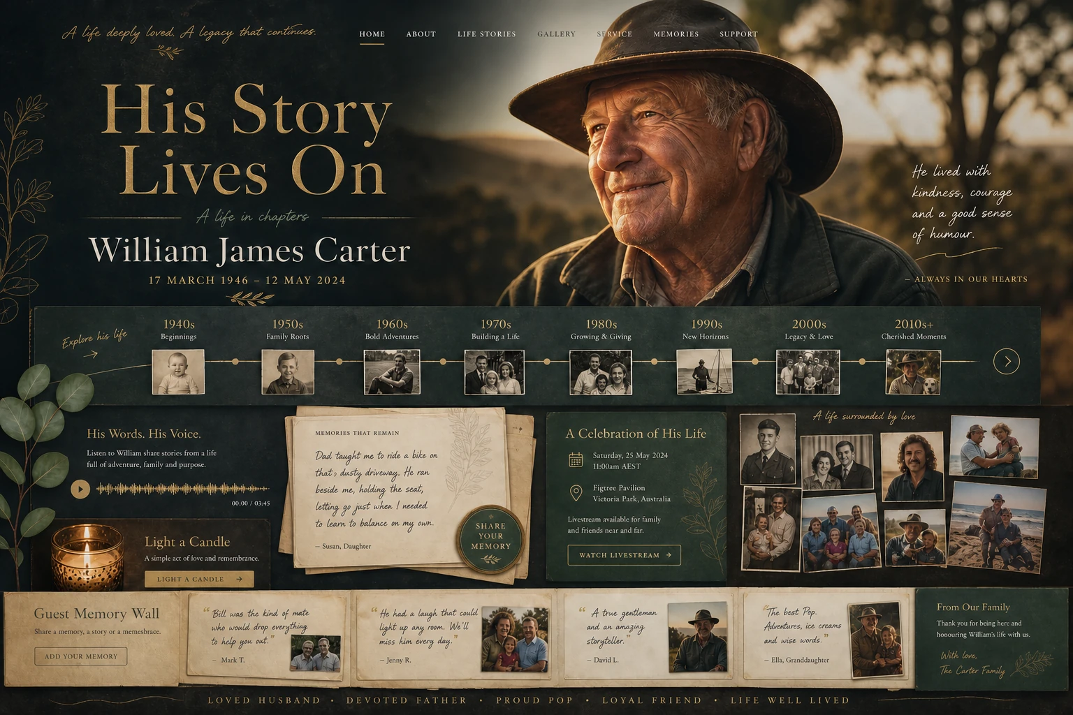 Memorial website mockup with service details, life story, memories and gallery