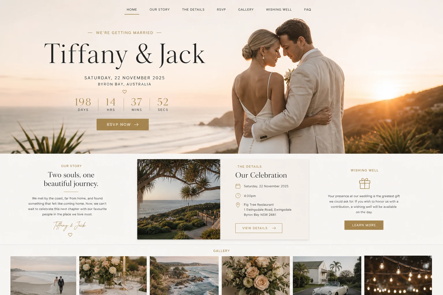 Wedding website mockup with RSVP, countdown, venue details and gallery