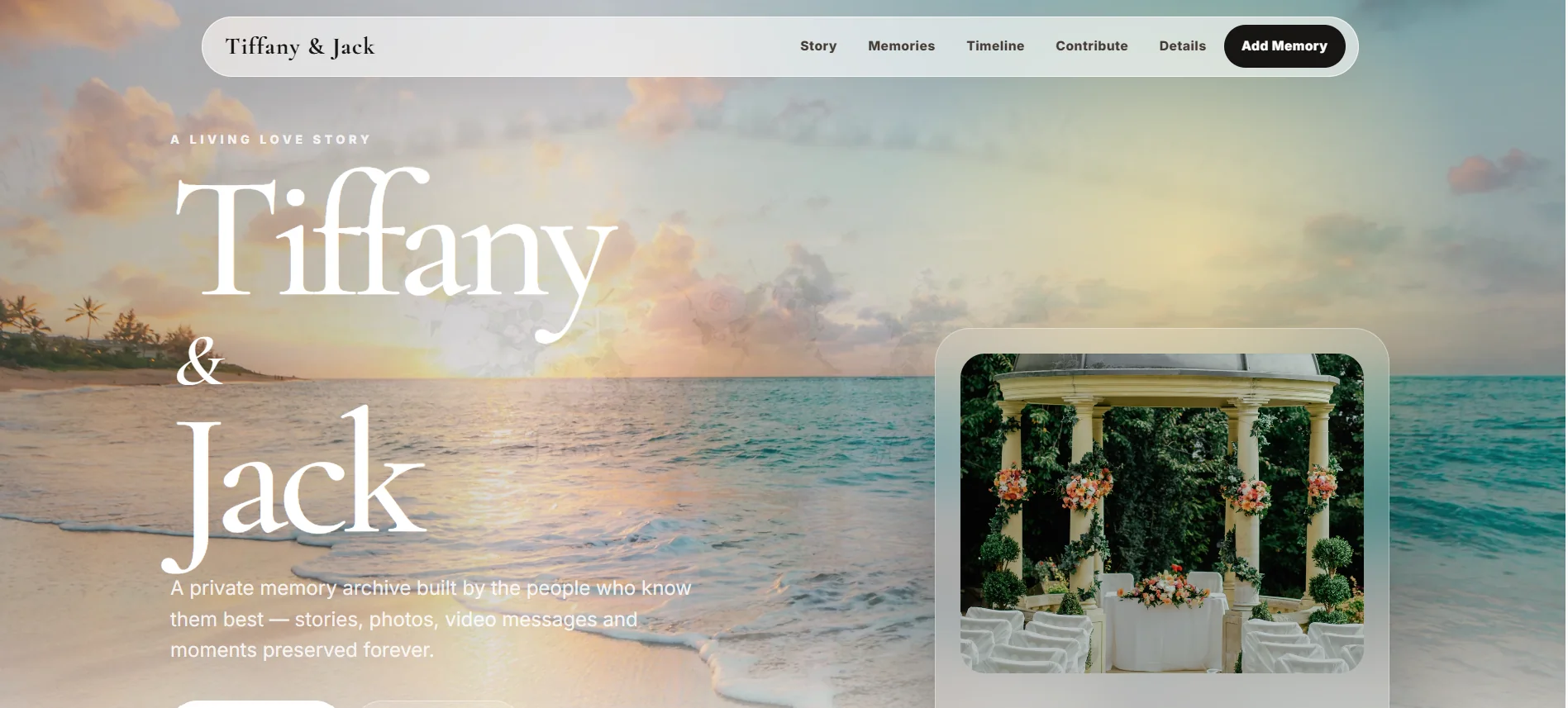 Sample wedding website preview for Tiffany and Jack with RSVP, event details and guest memories